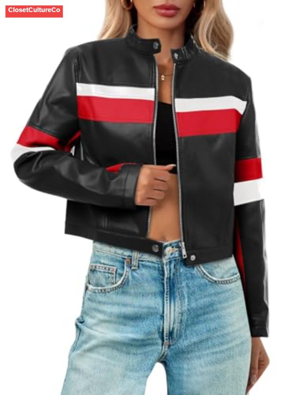 Faux Leather Cropped Moto Biker Bomber Jacket Racing Color Block